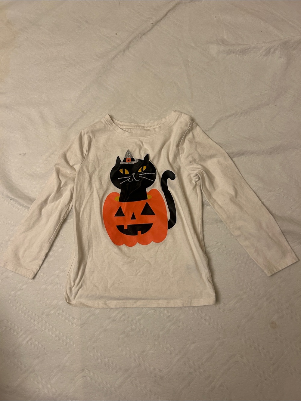 Cat & Jack White Long-Sleeve Tee with Black Cat and Orange Pumpkin Graphic